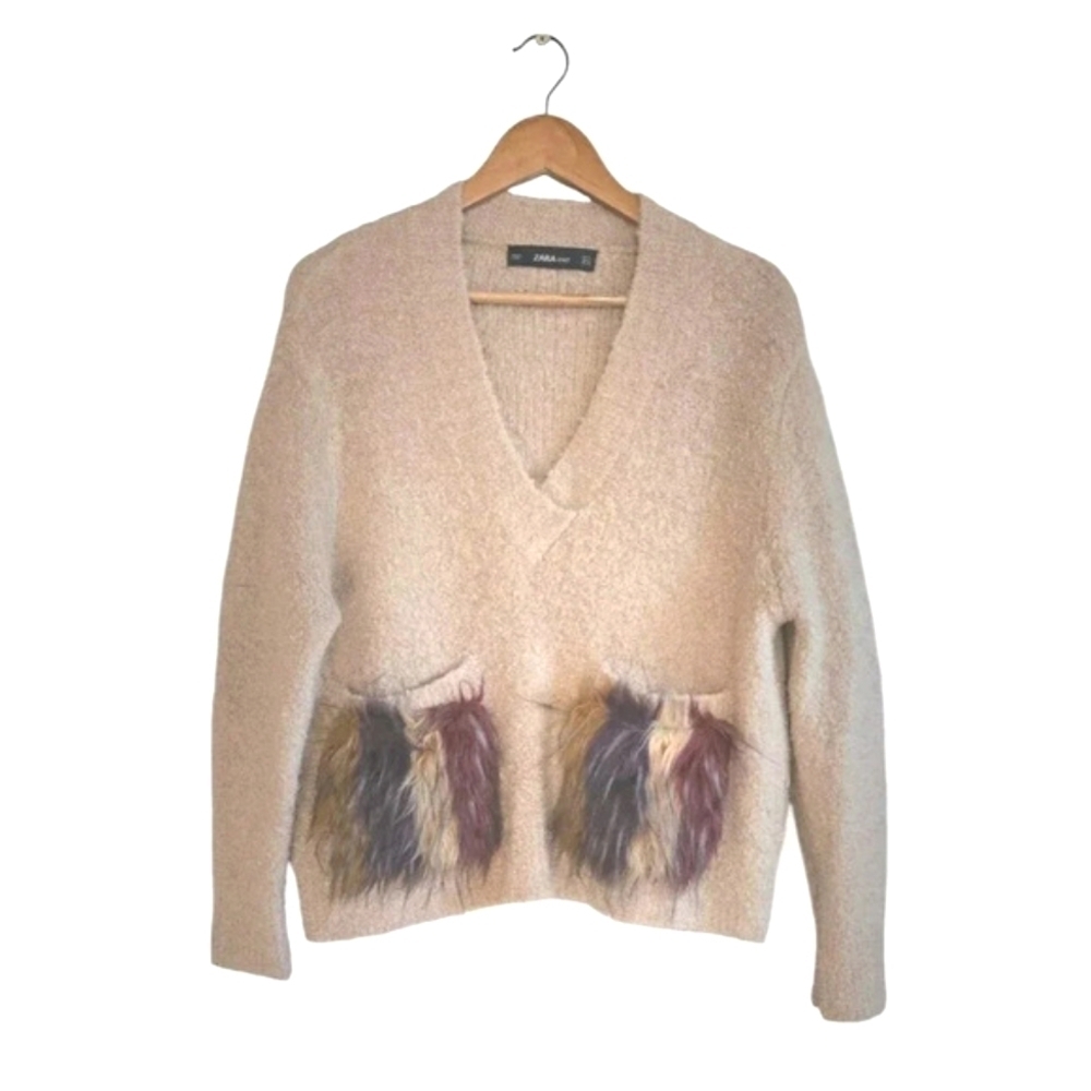 ZARA Fuzy Sweater Women's Medium Camel Multi Textured Pockets Mohair Wool